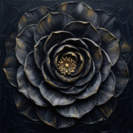 Charcoal & Gold black floral painting print featuring a black camellia with a luminous golden center for elegant botanical interiors