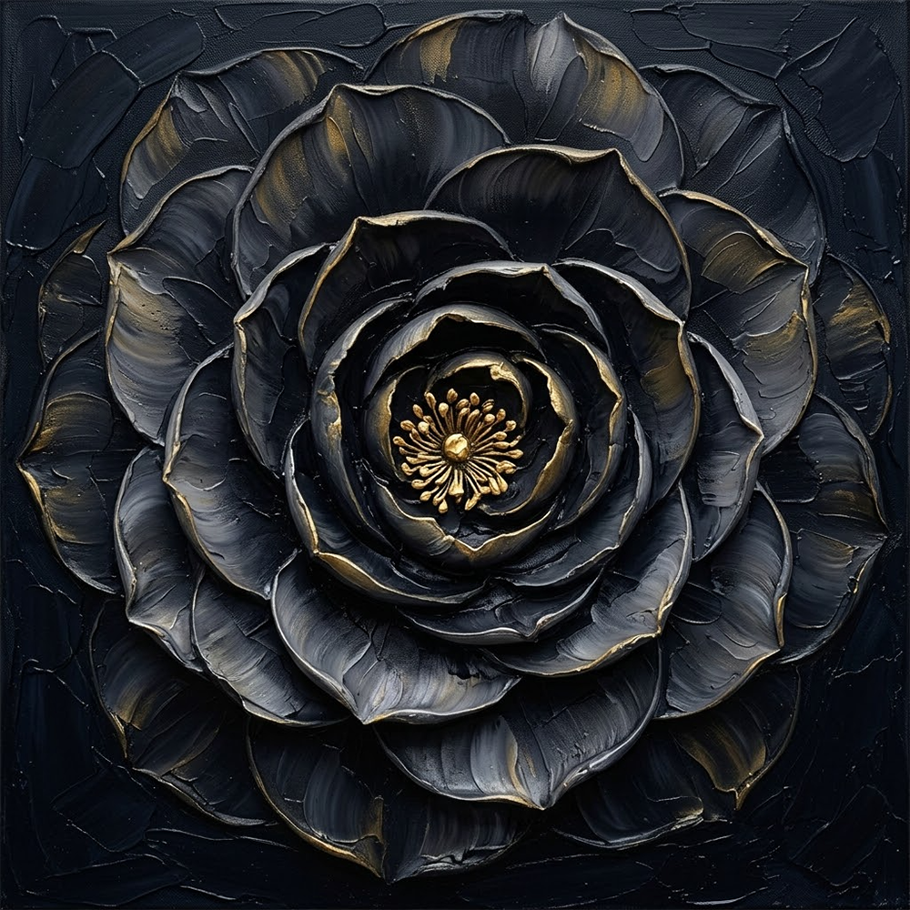 Gilded Camellia Black Floral Painting Charcoal & Gold Art Print