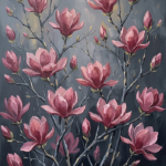 Dusty rose magnolia flower wall art featuring blooming magnolia branches with slate-gray accents for sophisticated interiors