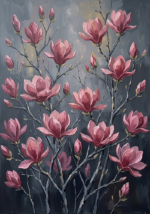Dusty rose magnolia flower wall art featuring blooming magnolia branches with slate-gray accents for sophisticated interiors