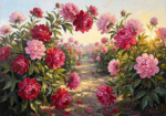 Rose & Olive Contrast peony wall art featuring a flourishing garden path with crimson peony blossoms