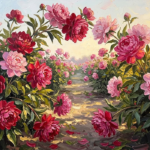 Rose & Olive Contrast peony wall art featuring a flourishing garden path with crimson peony blossoms