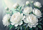 Mint Gallery white peony wall art featuring sweeping white blossoms and fresh mint foliage for elegant interiors