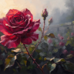 Rose Editorial rose wall art featuring a richly layered crimson rose in an atmospheric garden setting for elegant interiors
