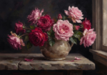 Sapphire & Copper blue rose artwork featuring elegant roses arranged in an antique ceramic vessel for refined interiors