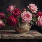Sapphire & Copper blue rose artwork featuring elegant roses arranged in an antique ceramic vessel for refined interiors