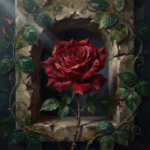Wine & Forest rose paintings on canvas featuring a crimson rose framed by aged stone and lush foliage