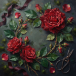 Wine & Forest rose paintings on canvas featuring freshly cut roses arranged on a mossy stone tabletop