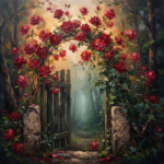 Wine & Forest rose paintings on canvas featuring climbing crimson roses over an ancient woodland gate