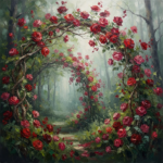 Velvet Merlot black rose wall art featuring a woodland arch covered in blooming roses for elegant interiors