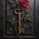 Merlot & Antique Gold vintage rose wall art featuring climbing roses wrapped around an antique key