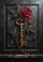 Merlot & Antique Gold vintage rose wall art featuring climbing roses wrapped around an antique key