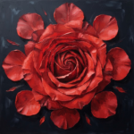 Crimson Noir red rose wall art featuring a single overhead crimson rose with scattered petals