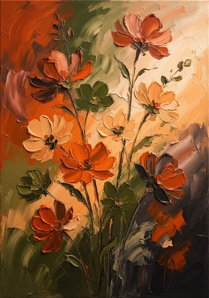 Ember Petals Abstract Wildflower Painting Burnt Coral & Olive Art Print