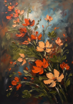 Burnt Coral & Olive abstract wildflower painting featuring cascading botanical blooms for elegant interiors