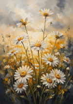 Saffron Editorial daisy wall art featuring blooming white daisies in a sunlit meadow