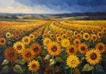 Ochre & Navy sunflower wall art featuring expansive sunflower fields beneath dramatic skies