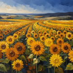 Ochre & Navy sunflower wall art featuring expansive sunflower fields beneath dramatic skies
