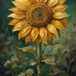 Amber & Emerald sunflower canvas painting featuring a towering golden sunflower with lush foliage