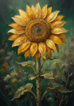 Amber & Emerald sunflower canvas painting featuring a towering golden sunflower with lush foliage