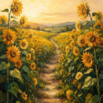Amber & Emerald sunflower canvas painting featuring a winding trail through sunflower fields