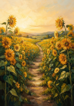 Amber & Emerald sunflower canvas painting featuring a winding trail through sunflower fields