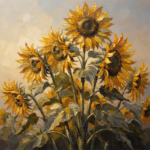 Antique gold large sunflower wall art print featuring towering golden blooms with dramatic upward composition and elegant floral details for refined interiors