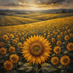 Golden landscape large sunflower wall art print featuring a sunflower field, distant hills, and warm antique gold tones for elegant interiors