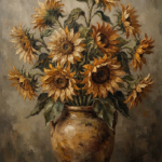 Honey bronze vintage sunflower wall art print featuring antique blooms in a rustic vessel with classic botanical elegance