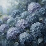 Dusty Blue hydrangea wall art print featuring layered blue blossoms and delicate foliage with elegant botanical depth