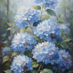 Powder Blue hydrangea prints featuring towering blue blossoms with woodland foliage and elegant botanical depth for refined interiors