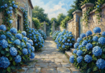 Ice blue blue hydrangea wall art featuring a stone garden pathway surrounded by blooming hedges and textured greenery