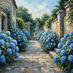 Ice blue blue hydrangea wall art featuring a stone garden pathway surrounded by blooming hedges and textured greenery