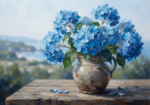 Ice blue blue hydrangea wall art featuring a ceramic vase with blooming flowers and a distant coastal landscape