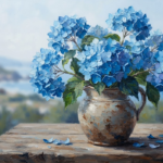 Ice blue blue hydrangea wall art featuring a ceramic vase with blooming flowers and a distant coastal landscape