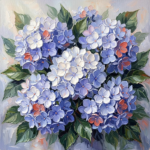 Periwinkle and coral hydrangea canvas wall art featuring layered blossoms with emerald foliage and luminous floral details
