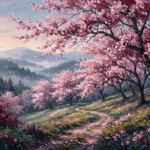 Dusty rose cherry blossom wall art featuring ancient flowering trees, rolling hills, and misty mountains for elegant interiors