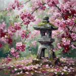 Rose cherry blossom japanese painting featuring a traditional stone lantern surrounded by blooming branches for elegant interiors