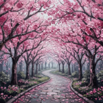 Blush and charcoal japanese cherry blossom wall art featuring a flowering tree avenue above a winding stone pathway for elegant interiors