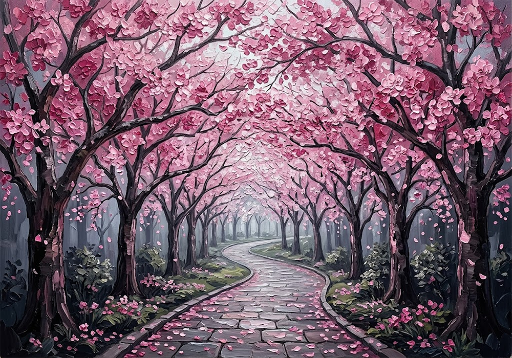 Blushing Passage Japanese Cherry Blossom Wall Art Blush & Charcoal Art Print