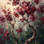 Wine and forest cherry blossom branches painting featuring twisting trunks and abundant blossoms for elegant interiors