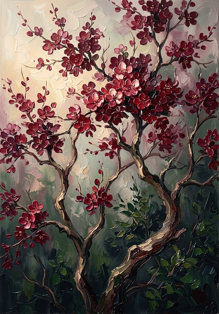 Crimson Canopy Cherry Blossom Branches Painting Wine & Forest Art Print