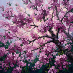 Fuchsia and emerald large cherry blossom wall art featuring an immersive flowering canopy viewed from below for elegant botanical interiors