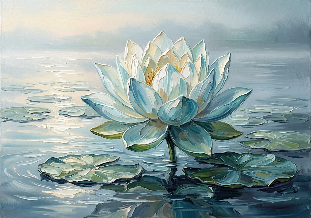 Azure Serenity Lotus Painting on Canvas Sea Glass Modern Art Print