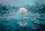 Sea glass modern lotus painting on canvas featuring a solitary lotus reflected on still water beneath cool twilight for elegant botanical interiors