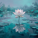 Sea glass modern lotus painting on canvas featuring a solitary lotus reflected on still water beneath cool twilight for elegant botanical interiors
