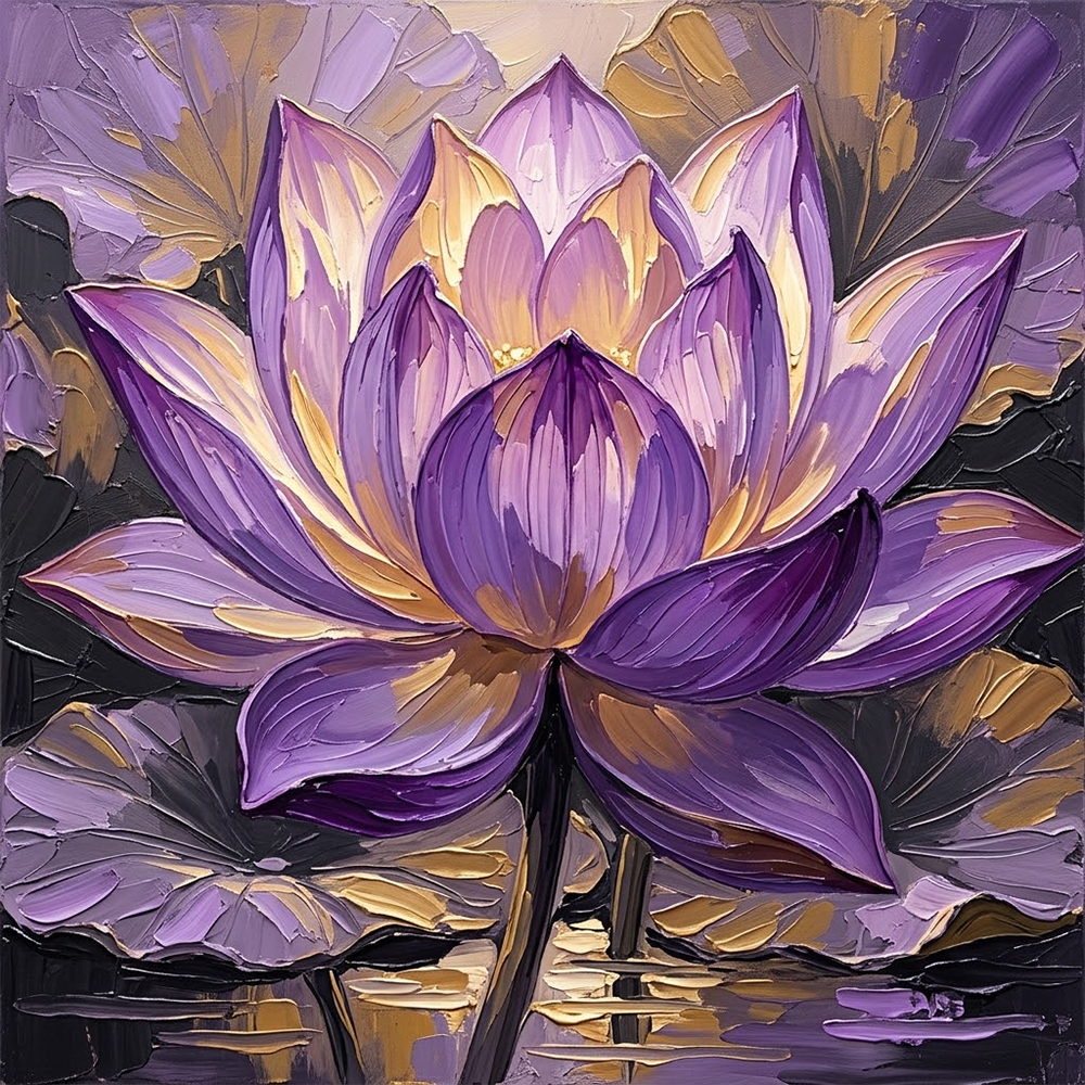 Golden Lotus Large Lotus Flower Wall Art Violet & Gold Art Print