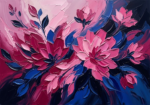 Magenta and cobalt abstract floral painting featuring bold botanical silhouettes and layered petals