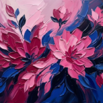 Magenta and cobalt abstract floral painting featuring bold botanical silhouettes and layered petals