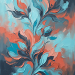 Turquoise and coral abstract floral watercolor featuring flowing botanical forms for elegant interiors